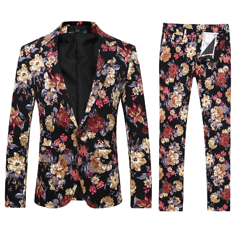 2-Piece Slim Fit Floral Print Maroon Suit