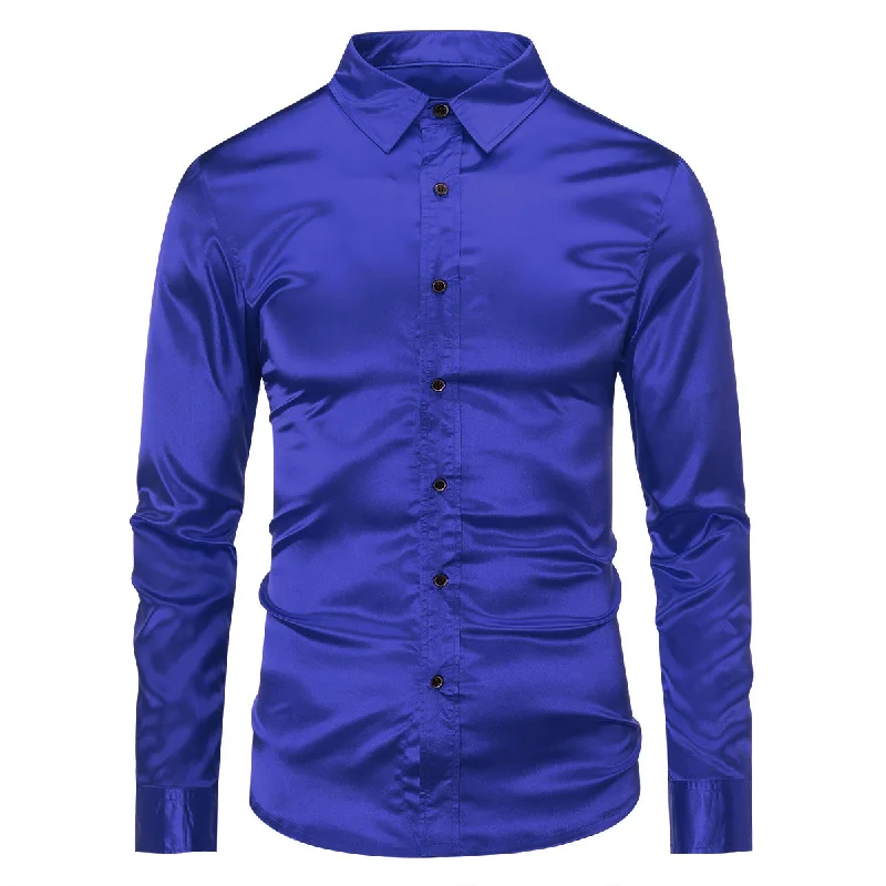 Men's Casual Fashion Shiny Long Sleeve Lapel Shirt Blue