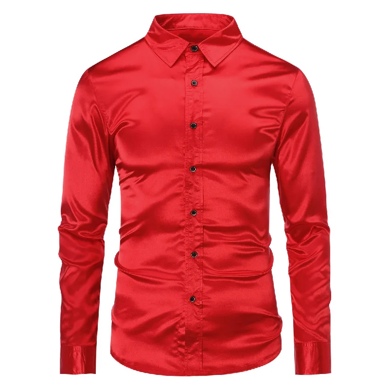 Men's Casual Fashion Shiny Long Sleeve Lapel Shirt Red