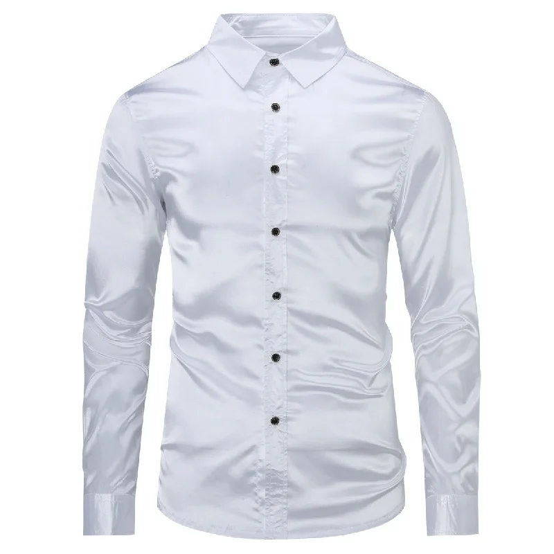 Men's Casual Fashion Shiny Long Sleeve Lapel Shirt White