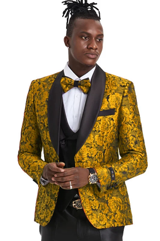 Men's One Button Slim Fit Shiny Paisley Floral Vested Prom Tuxedo in Gold