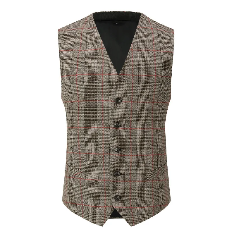 Checked Vests Stripes Business Slim Fit Cotton Coffee