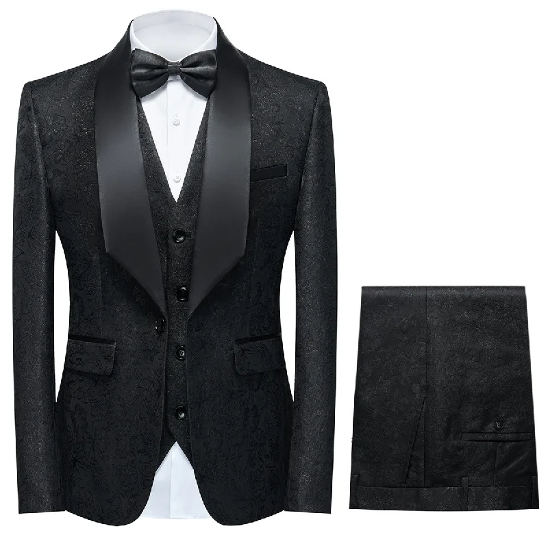 Men's Shawl Collar Print Suit 3-Piece Dress Suit Black