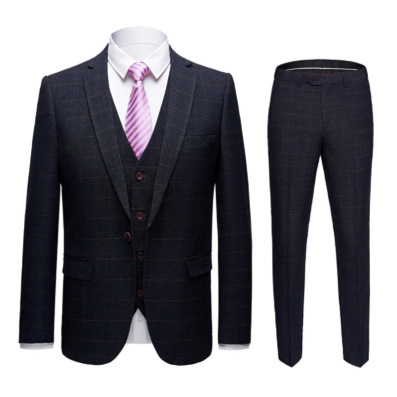 Slim Fit 3-Piece Suit Plaid Grey Suit