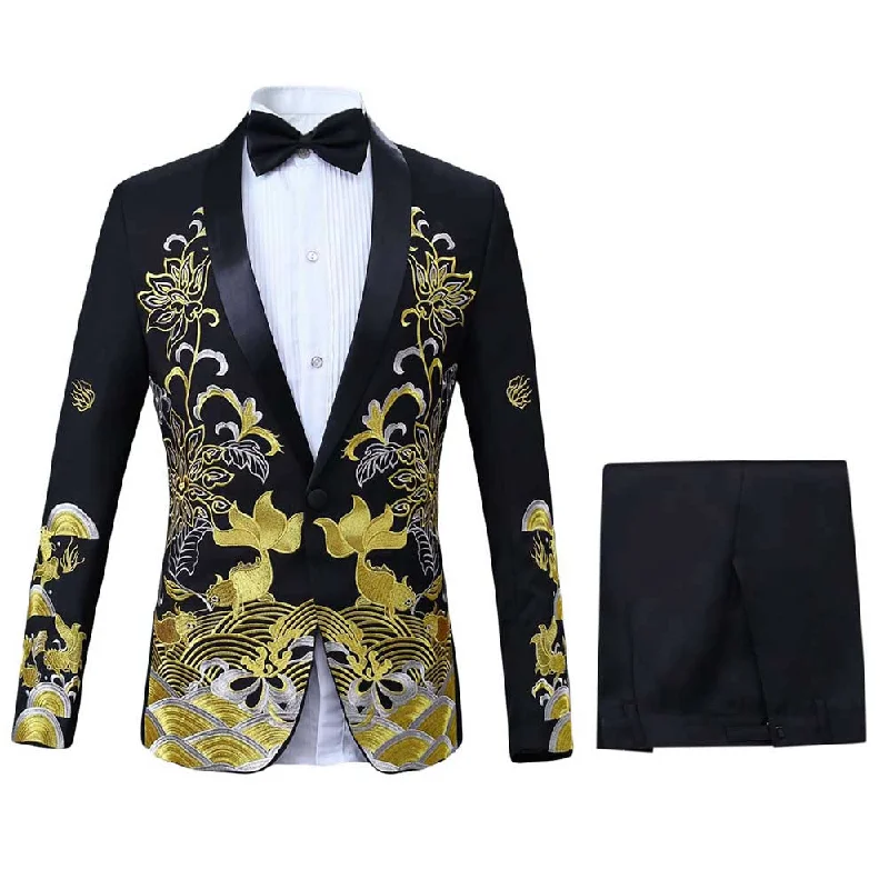 Slim Fit Embroidery Suit Two Piece Black Suit