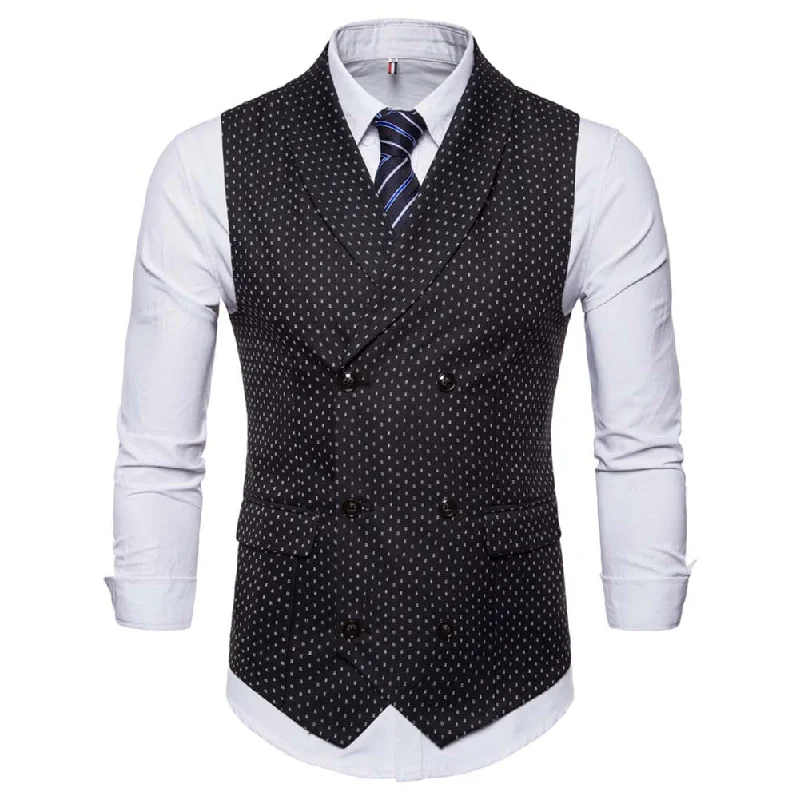 Slim Fit Polka Dot Vest Double Breasted Black