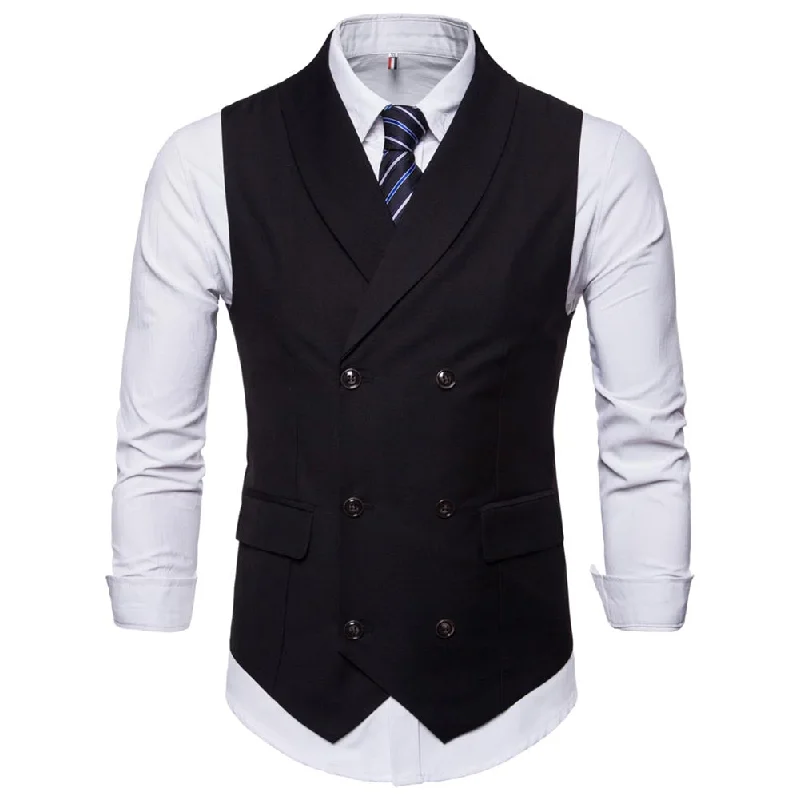 Slim Fit Solid Vest Double Breasted Black