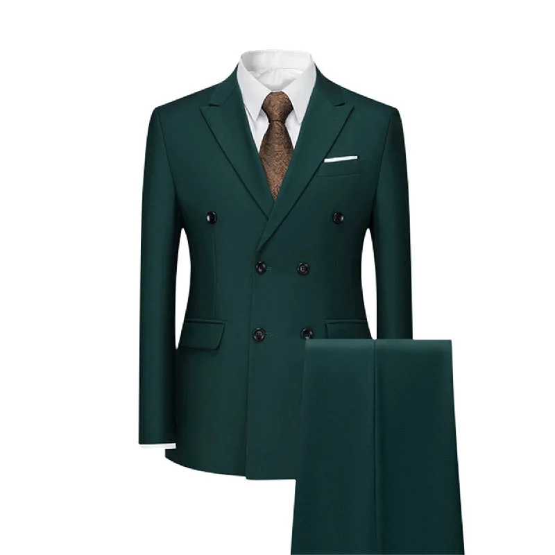 Men's Solid Color Double Breasted Business Suit Green