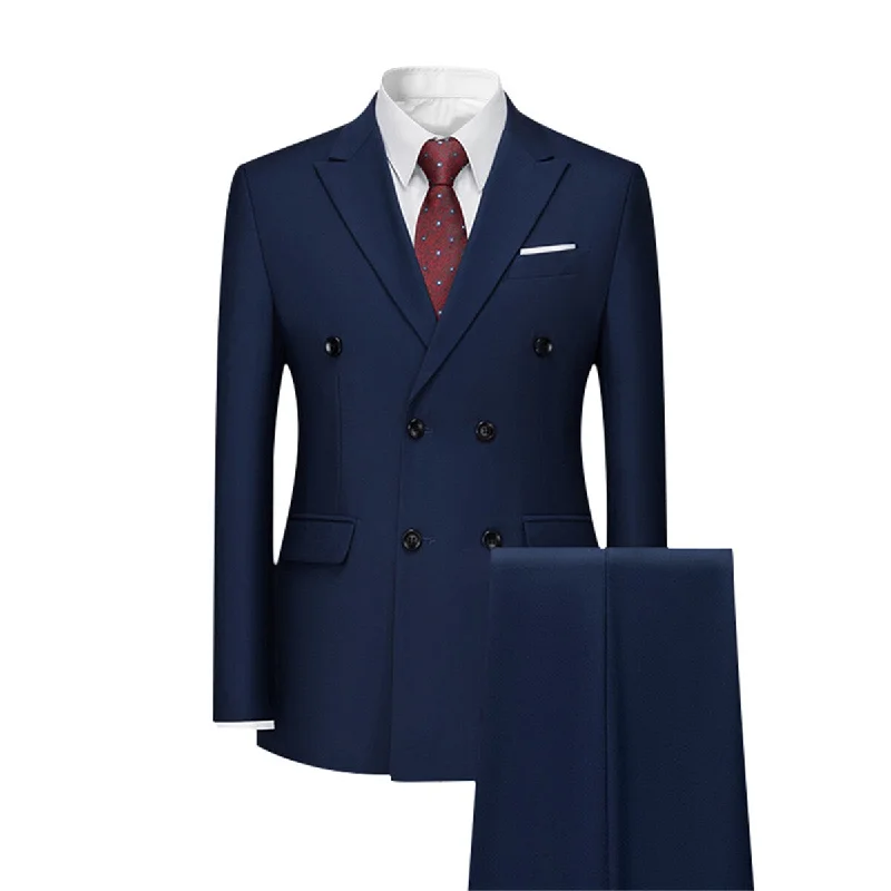 Men's Solid Color Double Breasted Business Suit Navy