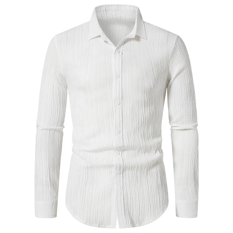 Men's Solid Color Lapel Wavy Long Sleeve Shirt White