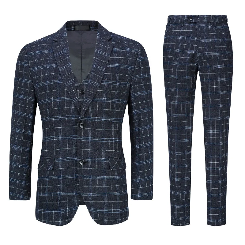 Three Piece Slim Fit Vintage Plaid Black Suit