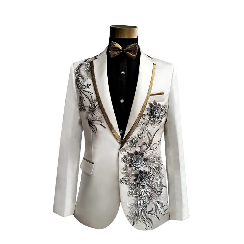 Two Piece Sequin Suit Silver Flower White Suit