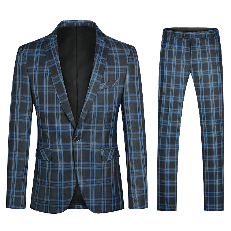 Plaid Stripe Suit Slim Fit 2-Piece Casual Suit Blue