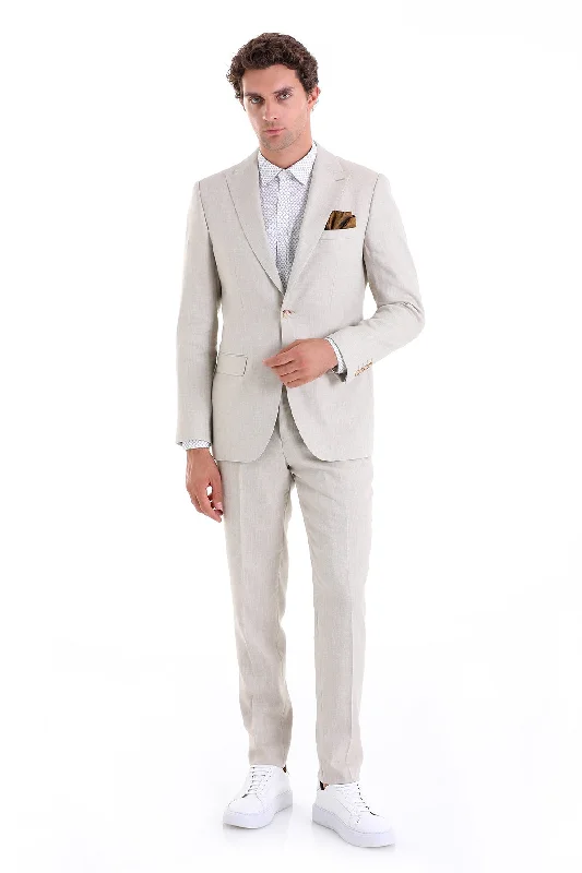 Slim Fit Beige Peak Lapel Linen Casual Suit