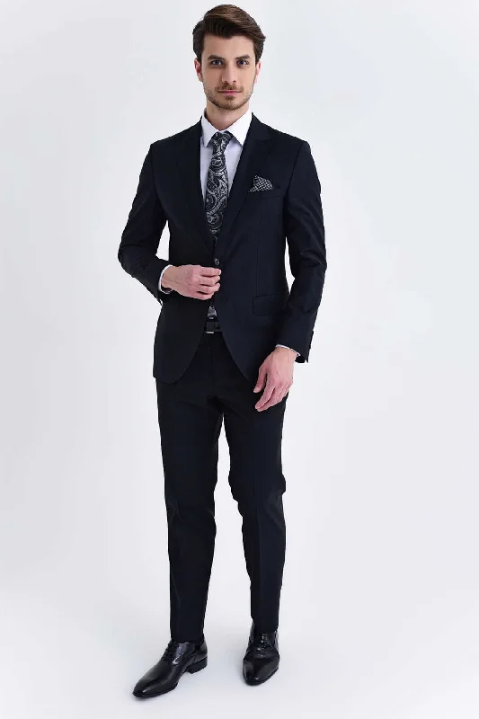 Slim Fit Black Wool Blend Classic Suit with Vest