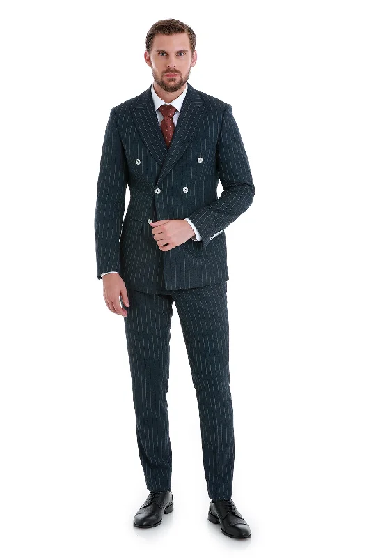 Slim Fit Double Breasted Navy Striped Casual Suit