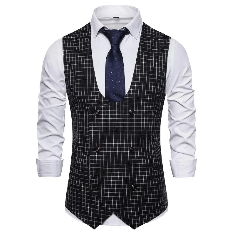 Slim Fit Double Breasted Plaid Black Vest