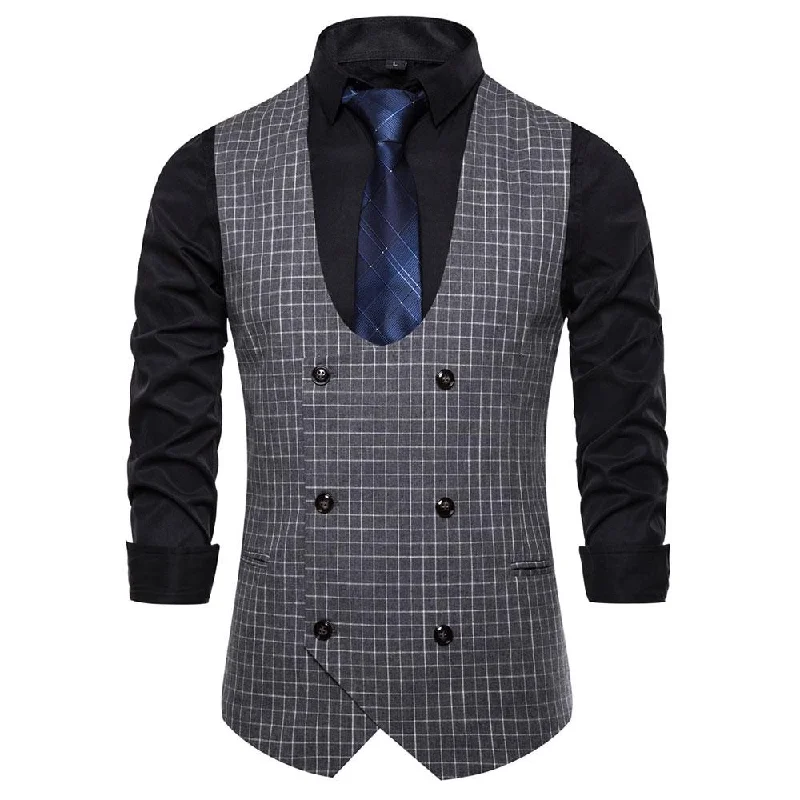 Slim Fit Double Breasted Plaid Grey Vest