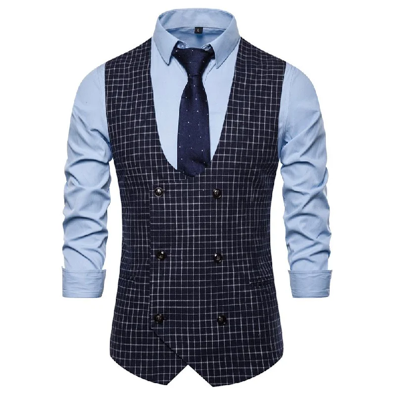 Slim Fit Double Breasted Plaid Navy Vest