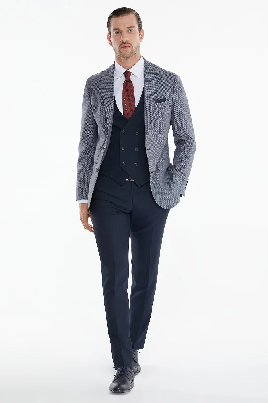 Slim Fit Gray - Navy Wool Blend Casual Suit with Vest