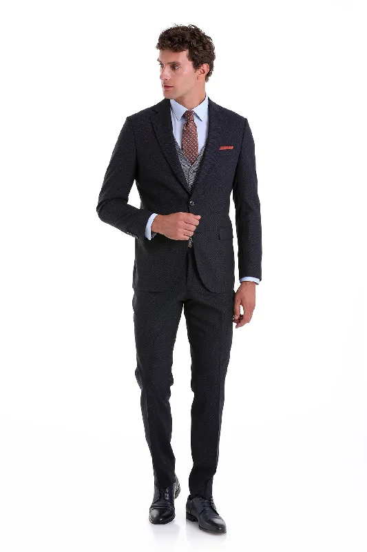 Slim Fit Navy Wool Blend Casual Suit with Vest