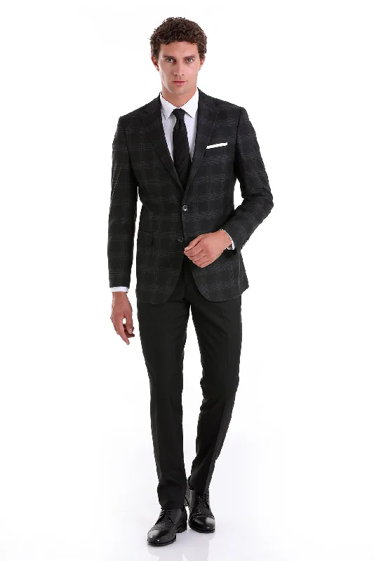 Slim Fit Notch Lapel Plaid Black Casual Suit