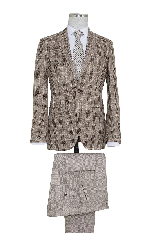 Slim Fit Notch Lapel Plaid Brown Casual Suit