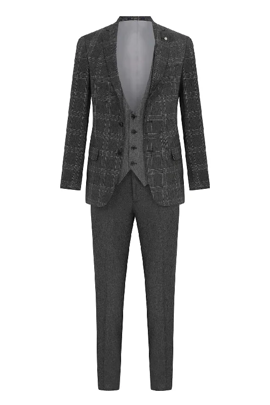 Slim Fit Notch Lapel Plaid Gray Casual Suit with Vest