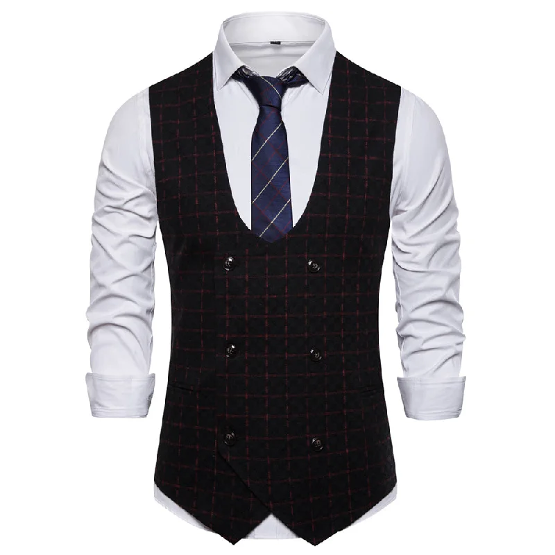 Slim Fit Plaid Double Breasted Vest Black