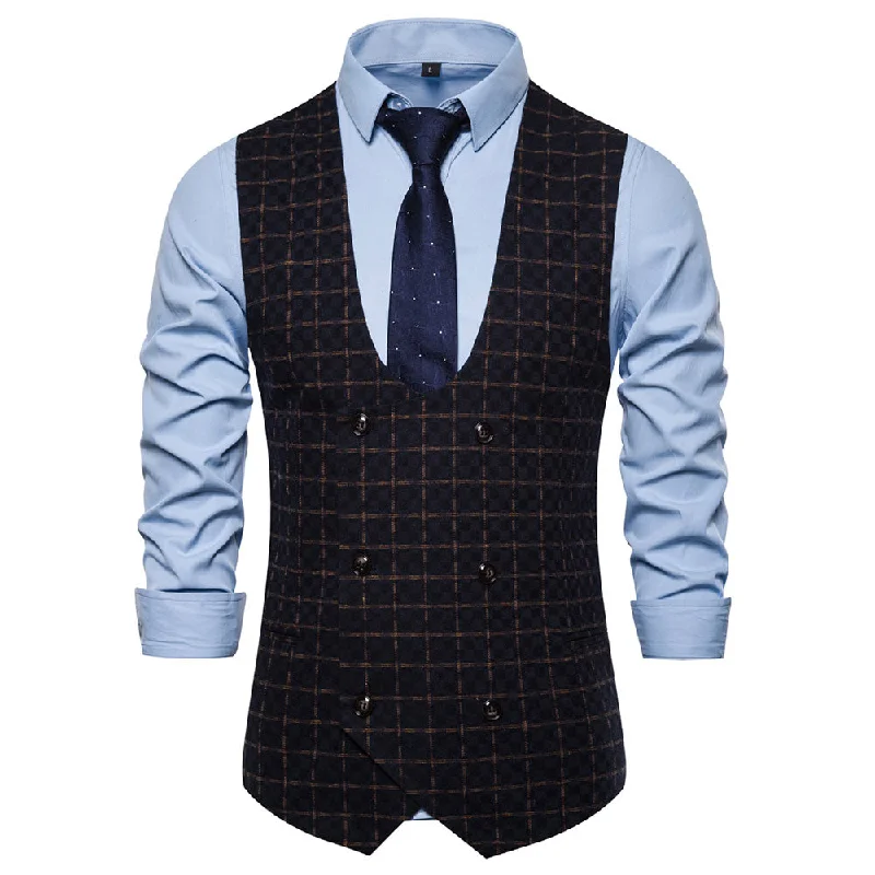 Slim Fit Plaid Double Breasted Vest Navy