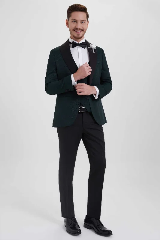 Slim Fit Release Shawl Lapel Patterned Green Classic Tuxedo with Vest, Green D.