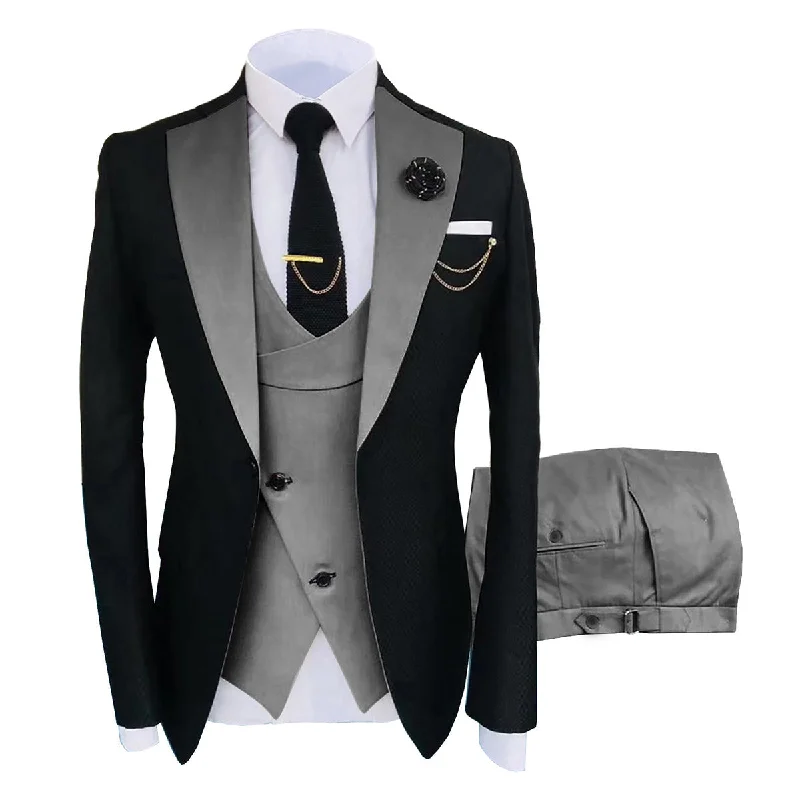 Men's 3-Piece Fashion One Button Color-Blocking Suit Grey