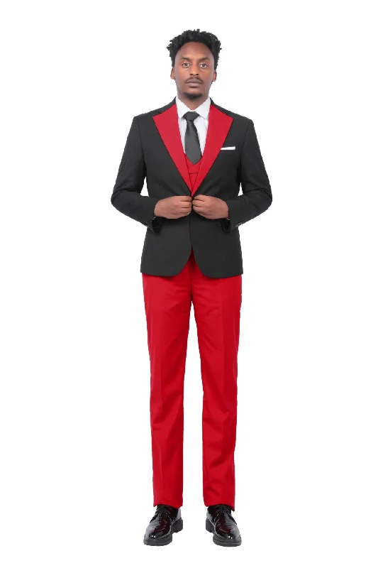 Men's 3-Piece Fashion One Button Color-Blocking Suit Red