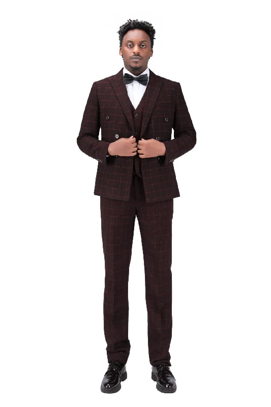 3-Piece Slim Fit Double Breasted Suit Plaid Red Suit