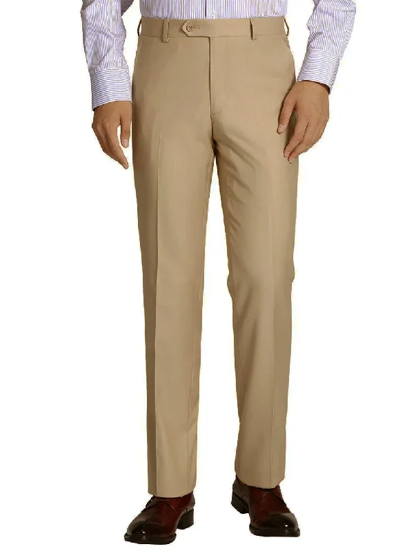 Beige Slim Fit Dress Pants Flat Front Pre-hemmed