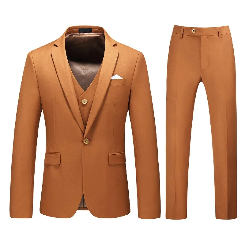 Mens 3 Piece Dress Suit Formal Casual Tux Vest Trousers Caramel