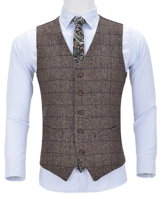 Coffee Formal Suit Vest Plaid V Neck Waistcoat