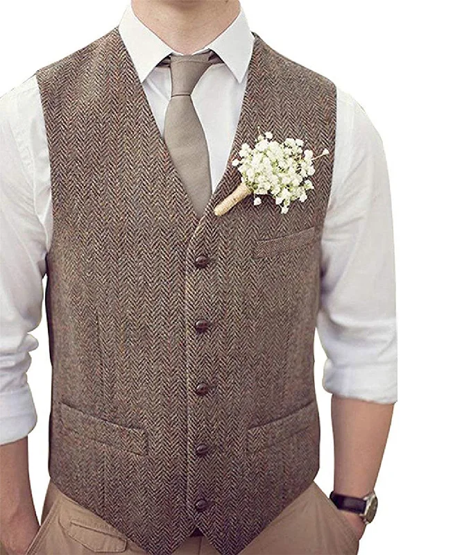 Formal Men's Suit Vest Herringbone V Neck Waistcoat for Wedding