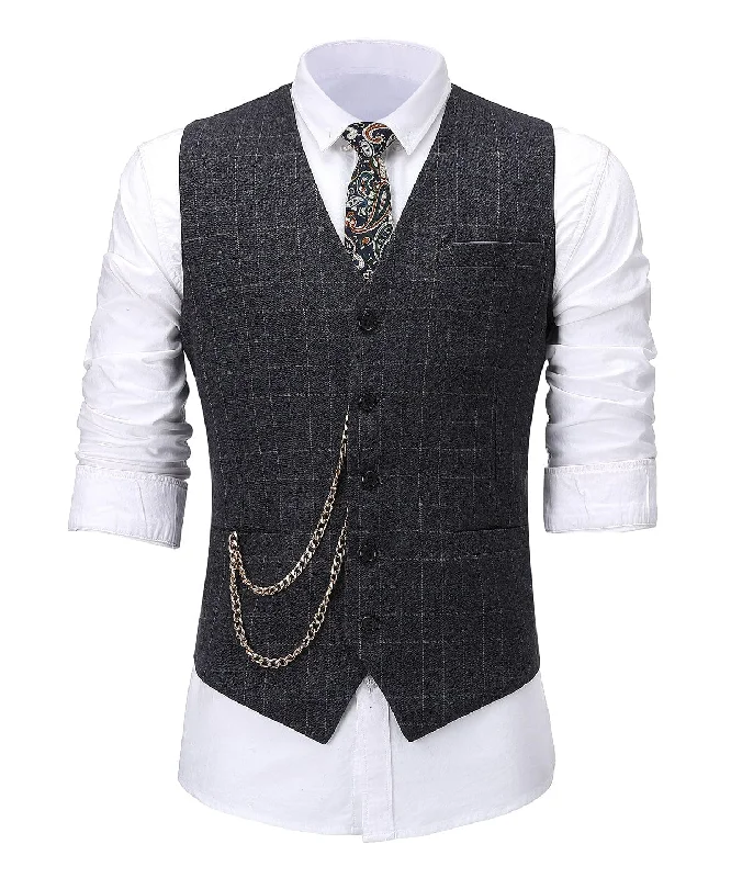 Formal Suit Vest Black Plaid V Neck Waistcoat