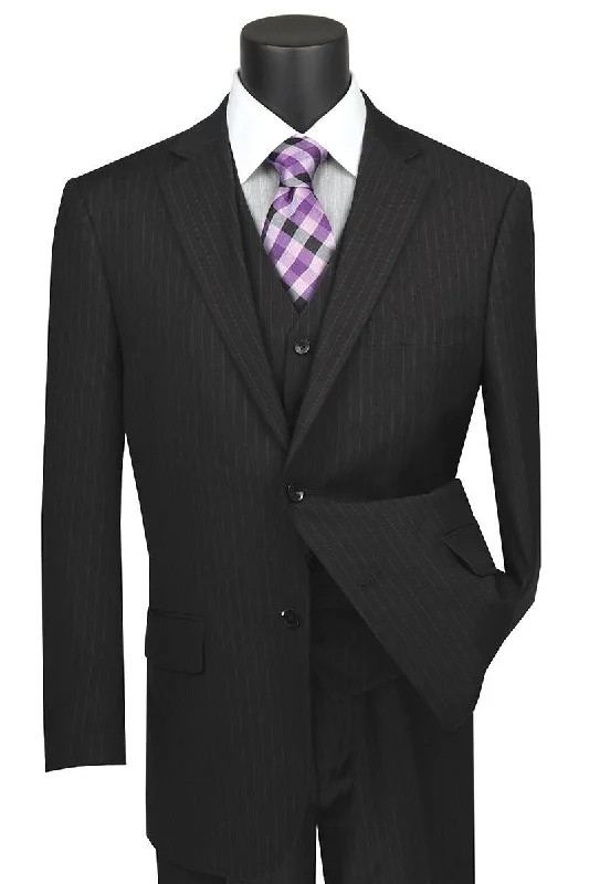 Vinci Men's Classic Banker Pin-Stripe Vested Suit Pant, Pleated Fit, Black