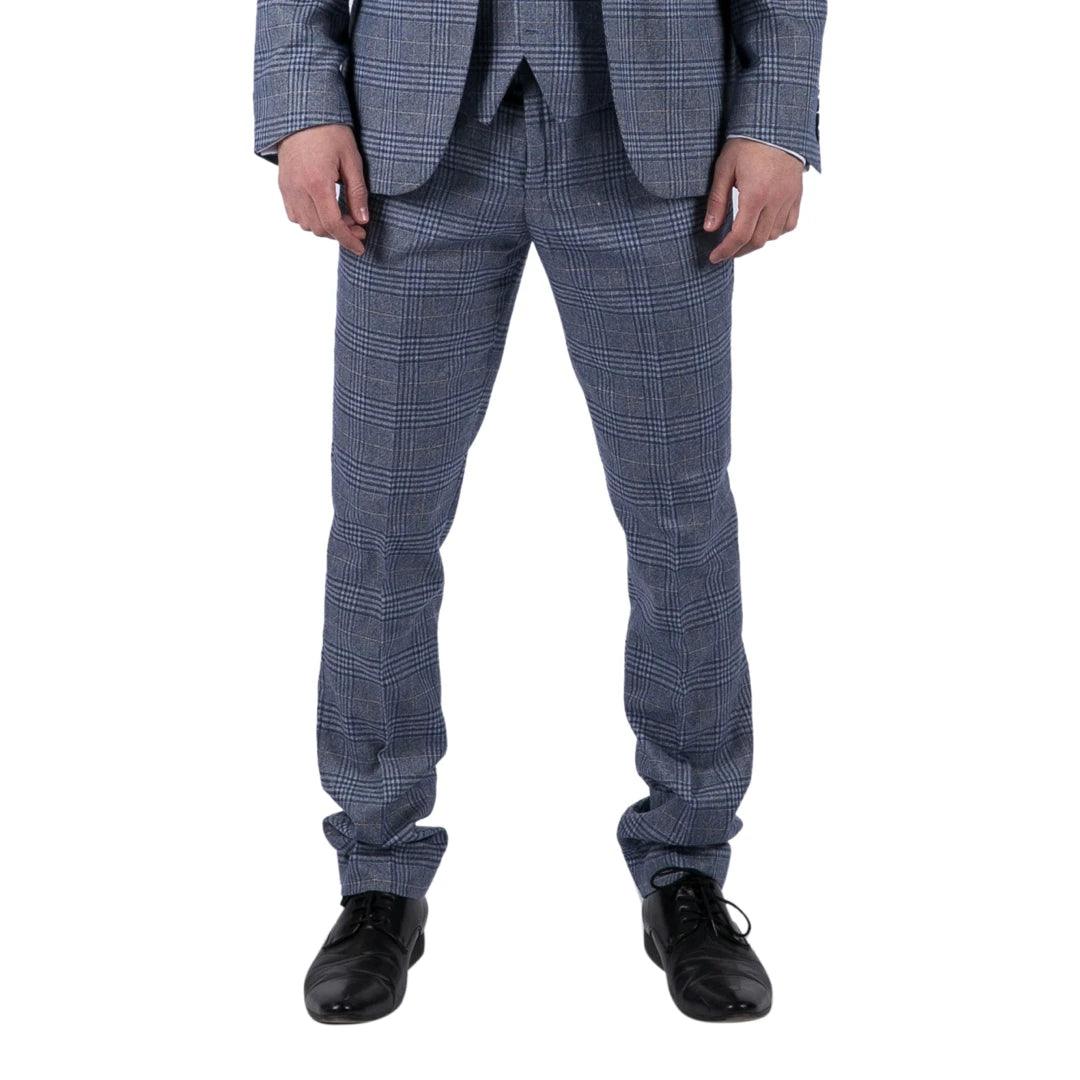 Mens Classic Trousers Tweed Check Retro 1920s Gatsby Blinders Royal Blue Wedding