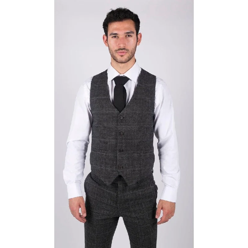 Mens Classic Waistcoat Prince Of Wales Check Dark Grey Slim Fit Vintage Wedding