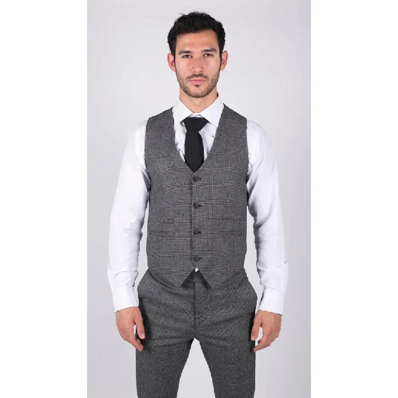 Mens Classic Waistcoat Prince Of Wales Check Grey Slim Fit Vintage Wedding