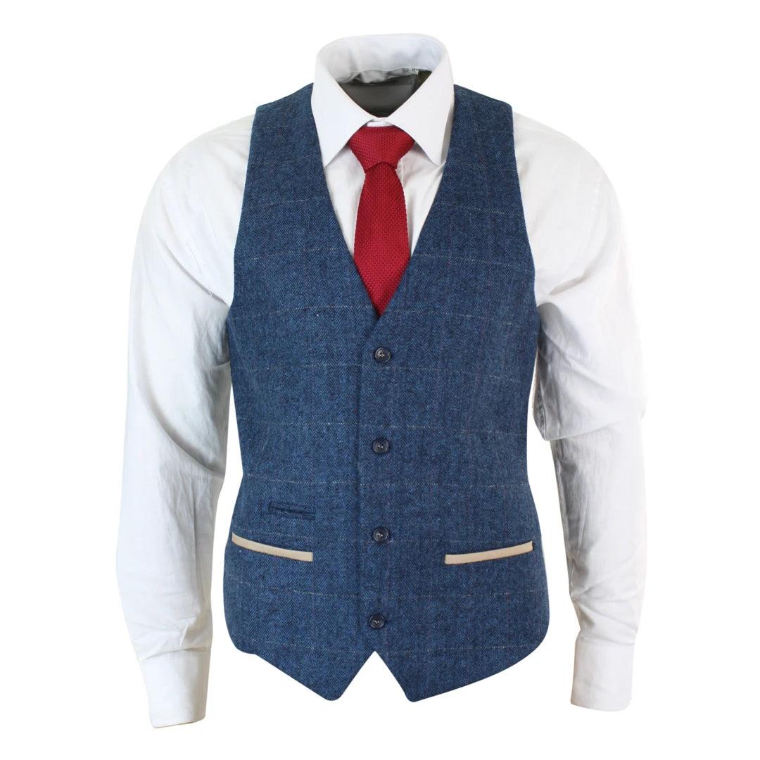 Mens Herringbone Tweed Vintage Check Waistcoat Velvet Trim Blue Brown Grey