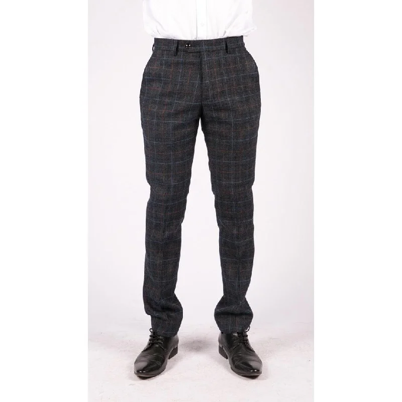 Mens Navy Blue Grey Charcoal Tweed Check Trousers Peaky Blinders Vintage