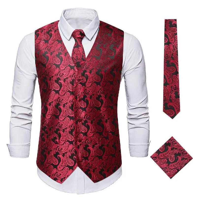 Men's Paisley Waistcoat Set Red Vest