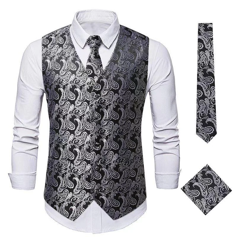 Men's Paisley Waistcoat Set Silver Gray Vest