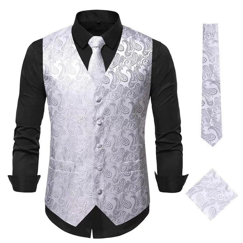 Men's Paisley Waistcoat Set White Vest