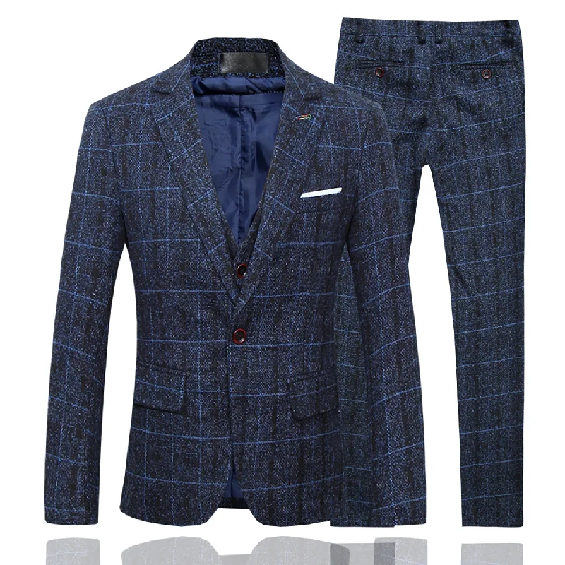 Men's Plaid One Button Wool Suit 3-piece Suit Dark Blue