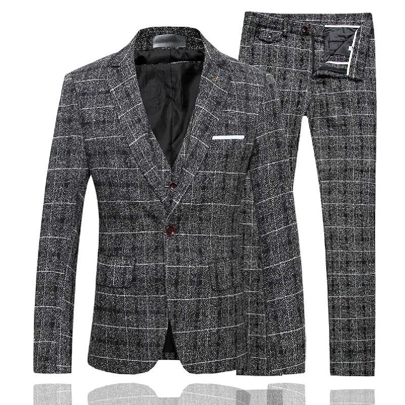 Men's Plaid One Button Wool Suit 3-piece Suit Dark Grey